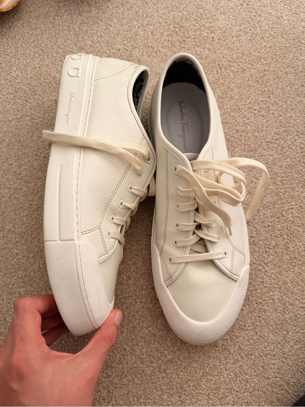 Salvatore Ferragamo Men’s Cream Leather Low-Top Sneakers